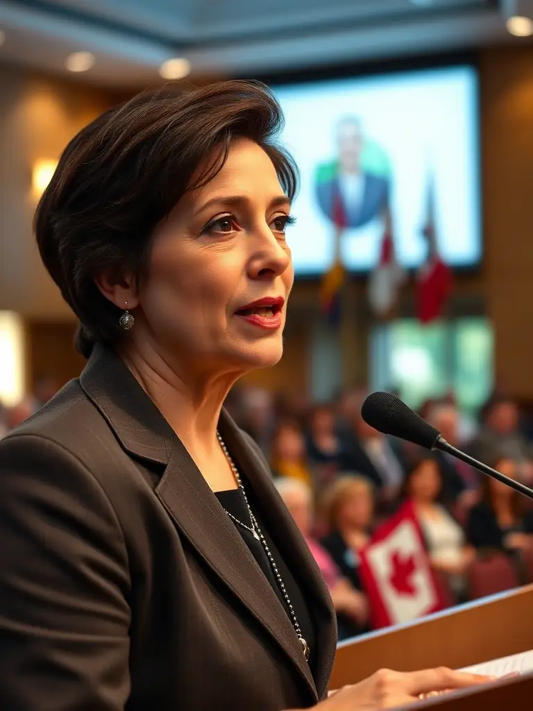 A portrait of Dr. Evelyn Hayes, a leading expert in Canadian healthcare policy, speaking at a public forum.