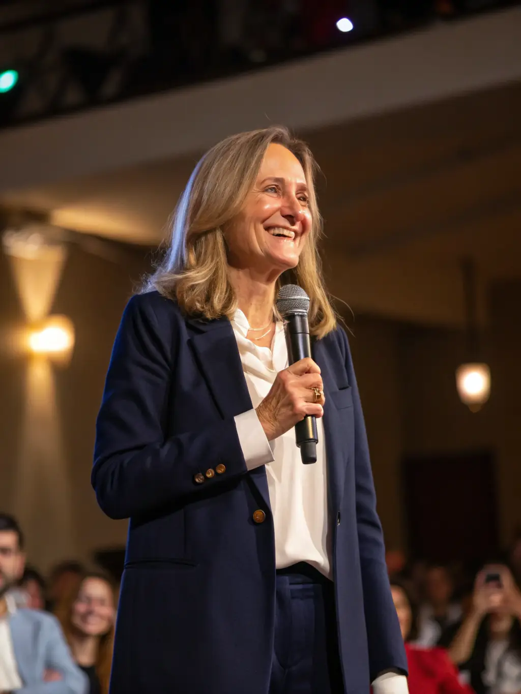 A picture of Senator Sarah Thompson, a renowned expert in Indigenous affairs, participating in a panel discussion.