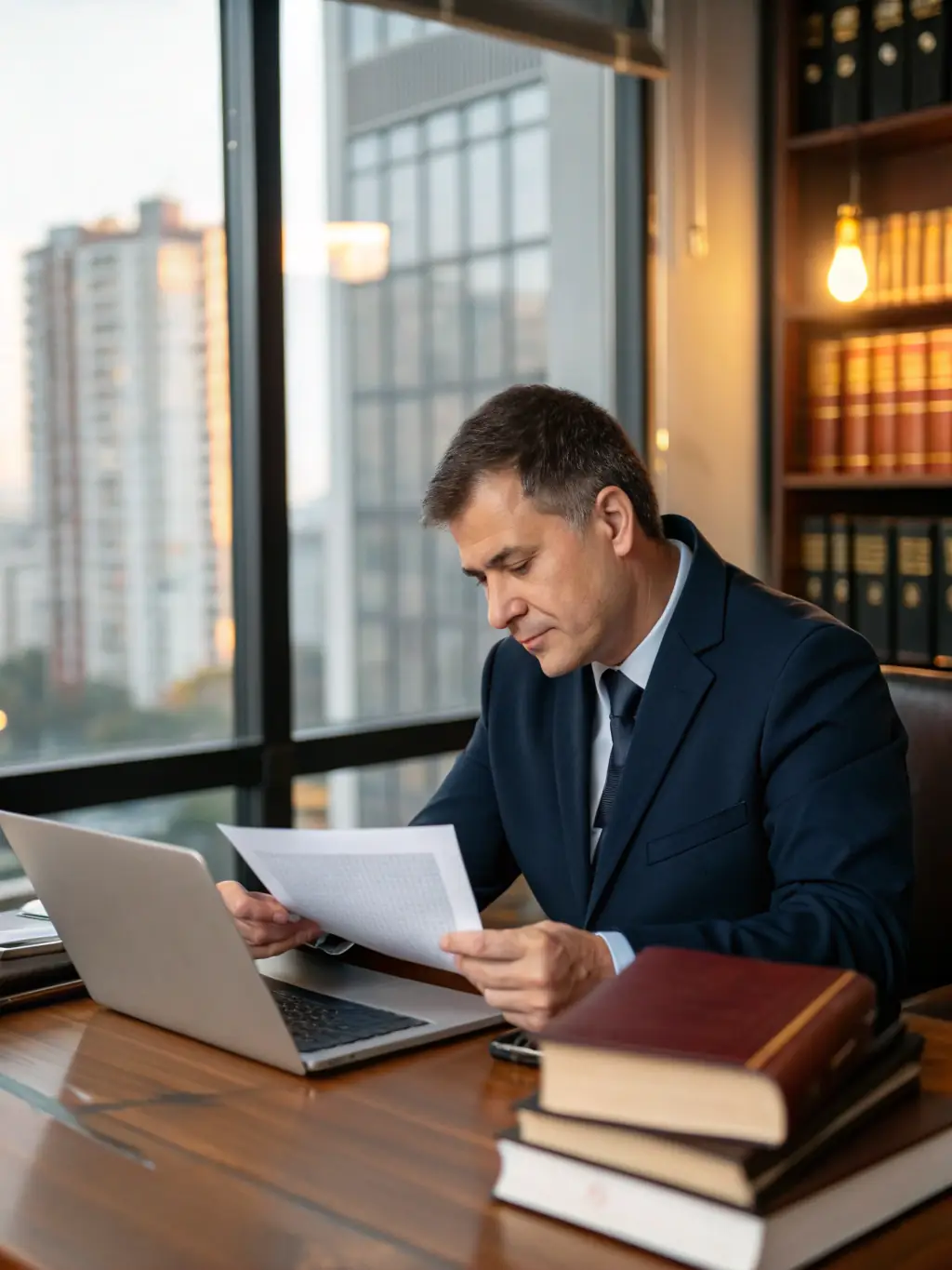 A photograph of Professor Jean-Pierre Dubois, an expert in environmental law, reviewing documents in his office.